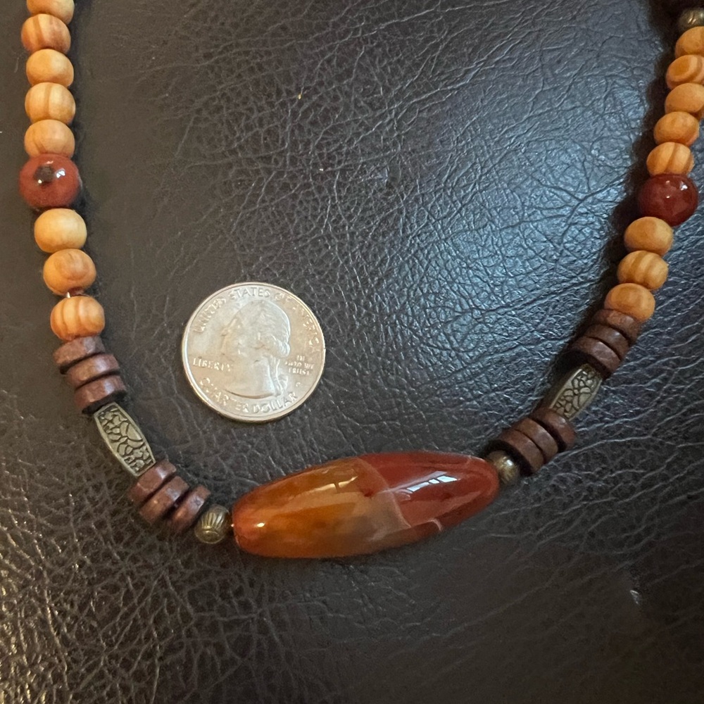 Beaded with Persian Agate Stone Necklace - Red Brown and Black